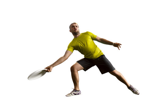 Sportsman play ultimate flying disc. One athlete give passes, isolated in white