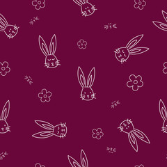 Seamless pattern with flowers, rabbit, and easter eggs on color background. Easter holiday background for logo, banner, post. Happy Easter day