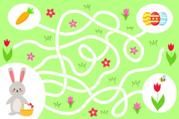 Maze game for preschool kids. Help the kawaii bunny find right way to the Easter eggs. Spring flowers and carrot. Vector illustration.