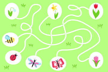 Maze game for preschool kids. Help the insects find right way to the their spring flowers. Vector illustration.