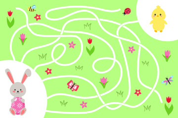 Maze game for preschool kids. Help the Easter rabbit find right way to the his friend chick. Spring flowers. Vector illustration.