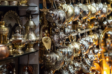 Traditional Moroccan market with souvenirs. Traditional handmade lamps