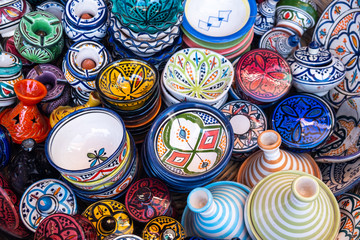 Traditional Moroccan market with souvenirs. Handmade ceramic