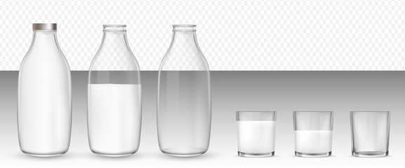 Set of realistic glasses and bottles with a milk.