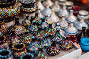 Traditional Moroccan market with souvenirs. Handmade ceramic - 254892732