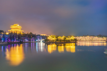 Fototapeta premium Night view of Wenchang Pavilion District, Confucius Cultural City, Suixi, Guangdong Province