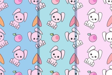 Set of three seamless patterns with with cartoon cute rabbits. Childish background. Vector kawaii illustration. EPS10.