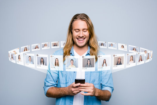 Close up photo interested he him his guy hold telephone read new post influencer blogger page user illustration pictures girls dating site futuristic creative design isolated grey background