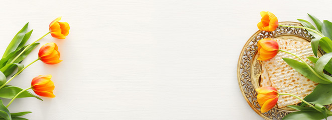 Pesah celebration concept (jewish Passover holiday). Top view, flat lay