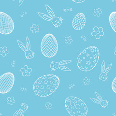 Seamless pattern with flowers, rabbit, and easter eggs on color background. Easter holiday background for logo, banner, post. Happy Easter day