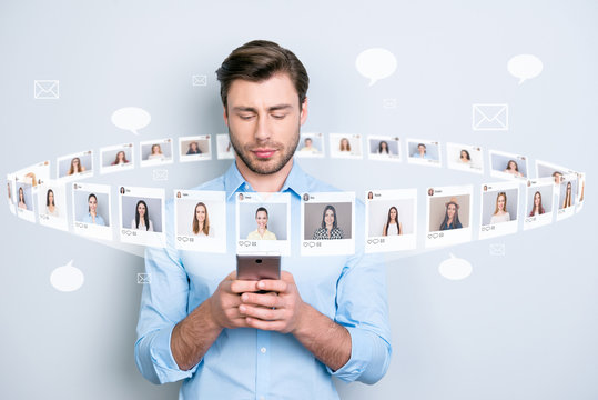 Close up portrait serious successful he his him manager hold telephone typing sms texting ladies pictures illustration global search microblogging isolated grey background