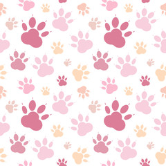 Paw pattern, seamless vector pattern silhouettes of paw, cat's feet, dog's footprint. Pastel pink on a transparent background background. Nude, flesh-colored seamless vector pattern without background