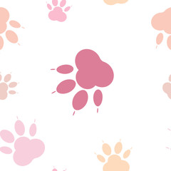 Paw pattern, seamless vector pattern silhouettes of paw, cat's feet, dog's footprint. Pastel pink on a transparent background background. Nude, flesh-colored seamless vector pattern without background