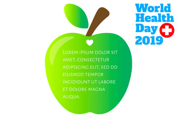 World Health Day (Universal health coverage) Infographic template with green apple and place for text. Design for banner, presentation, background, poster. Editable vector EPS 10 illustration
