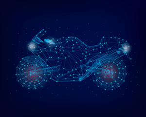 Motorcycle wireframe of blue lines on a dark background. Outline of the motorcycle with glowing lights. 3D. Vector illustration