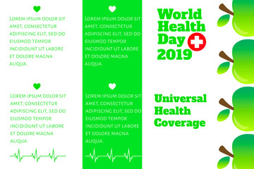 World Health Day (Universal health coverage) Infographic template with green apple and place for text. Design for banner, presentation, background, poster. Editable vector EPS 10 illustration