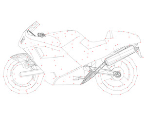 Motorcycle wireframe of black lines on a white background. Contour of the motorcycle with glowing lights. 3D. Vector illustration