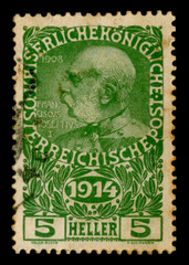 Austro-Hungarian Empire - circa 1914: Austrian historical stamp: portrait of Emperor Franz Joseph I, with the year of the beginning of the great war, 1914, cancellation, world war one, Austria