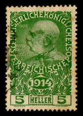 Austro-Hungarian Empire - circa 1914: Austrian historical stamp: portrait of Emperor Franz Joseph...