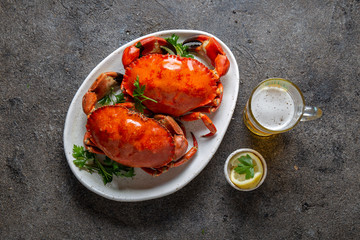 Whole cooked  crabs on white plate with lemon and beer. Gray concrete background. Top view