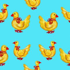 Watercolor drawings Easter ducks with red ribbons.
