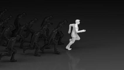 Businessman in white running Success race with competition. 3D Rendering.