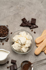 Ingredients for cooking tiramisu - Savoiardi biscuit cookies, mascarpone, cream, sugar, cocoa, coffee and egg