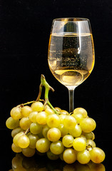 wine glass with wine and a bunch of grapes against a black background