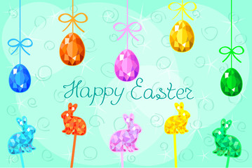 Low poly easter eggs and rabbits on mint background. Vector illustration, EPS 10. Template for desing card, invitation, festive decoration.