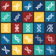 DNA icons set on color squares background for graphic and web design. Simple vector sign. Internet concept symbol for website button or mobile app.