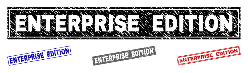 Grunge ENTERPRISE EDITION rectangle stamp seals isolated on a white background. Rectangular seals with grunge texture in red, blue, black and grey colors.