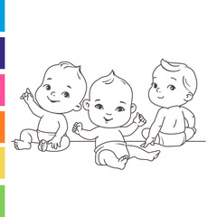 Cute little babies in diaper sitting together. Happy children. Girls and boys smiling waving hands, pointing.  Coloring page. Outlines. Monochrome. Vector illustration isolated on white background.