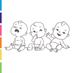 Set of baby emotion portraits. Cartoon little babies 6-12 months, in diapers, laughing, crying, curious baby. Sad, happy, thoughtful kid. Sketchy style.  Outline vector  illustration isolated.
