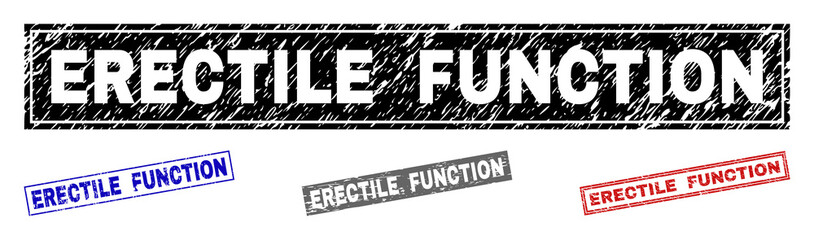 Grunge ERECTILE FUNCTION rectangle stamp seals isolated on a white background. Rectangular seals with grunge texture in red, blue, black and grey colors.