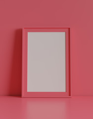 Blank picture frame with table and wall background. 3D rendering.