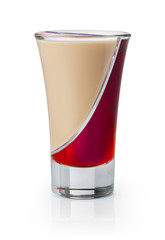 Twister shot glass with red and cream liqueur