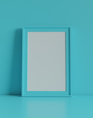 Blank picture frame with table and wall background. 3D rendering.