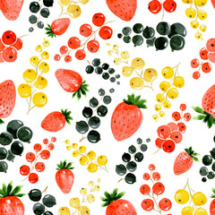 Fototapeta na wymiar Seamless watercolor pattern of strawberry, red, gold and black currant on white background
