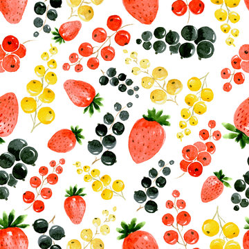 Seamless watercolor pattern of strawberry, red, gold and black currant on white background