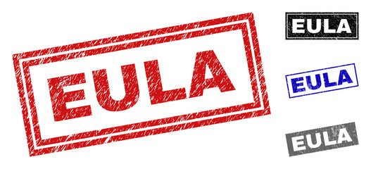 Grunge EULA rectangle stamp seals isolated on a white background. Rectangular seals with distress texture in red, blue, black and grey colors.