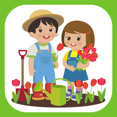 Cute Cartoon Girl And Boy Working In The Garden Vector Illustration. Girl With Watering Can, Boy With A Shovel Vector. Spring Gardening. Cute Cartoon Girl With Flower Bouquets Vector.