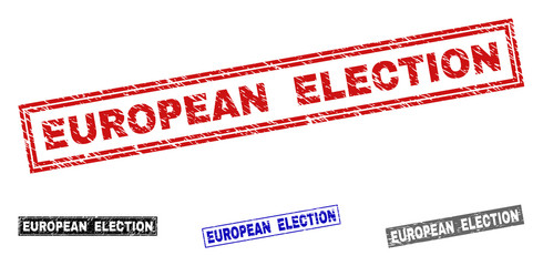 Grunge EUROPEAN ELECTION rectangle stamp seals isolated on a white background. Rectangular seals with grunge texture in red, blue, black and grey colors.