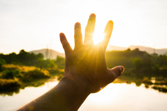 Use Hand To Touch Sun Light In The Peace Morning, Freedom Lifestyle And Tranquility, Pray For Wellness, Love And Faith From Holy God, Take Meditation In Nature With Silhouette Sky Nature Light