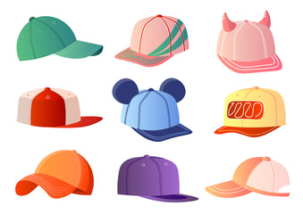 Colorful baseball caps set isolated on white background