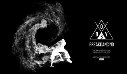Abstract silhouette of a breakdancer, man, bboy, breaker, breaking on the dark black background from particles, dust, smoke. Hip-hop dancer. Background can be changed to any other. Vector illustration