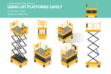 Isometric white isolated lift platforms labor risk prevention information about platform types on scissors platform