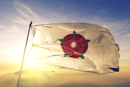 Lancashire County Of England Flag Waving On The Top Sunrise Mist Fog