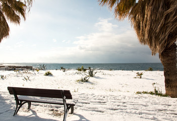 Ionian coast after a exceptional snowfall, Salento, Italy