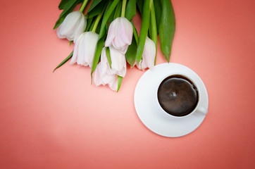 white tulips with white coffee Cup on pink background