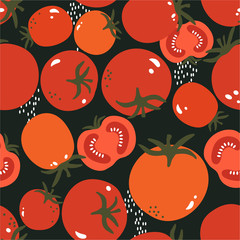 Fresh tomatoes, hand drawn seamless pattern. Overlapping background, vegetables vector. Colorful illustration with food. Decorative wallpaper, good for printing. Design backdrop, tomato - 254913357